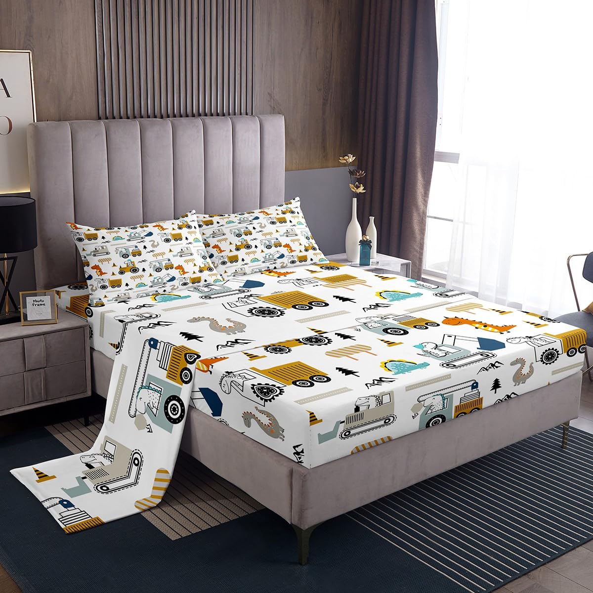 Feelyou Construction Bed Sheets Set Full Size Equipment Trucks Sheet Set for Kids Boys Girls Decor Dinosaur Sheets with Deep Pocket Fitted Sheet 3D Digital Print Yellow Bedding Set Bedroom
