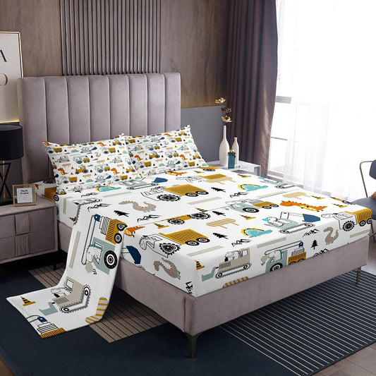 Feelyou Construction Bed Sheets Set Full Size Equipment Trucks Sheet Set for Kids Boys Girls Decor Dinosaur Sheets with Deep Pocket Fitted Sheet 3D Digital Print Yellow Bedding Set Bedroom