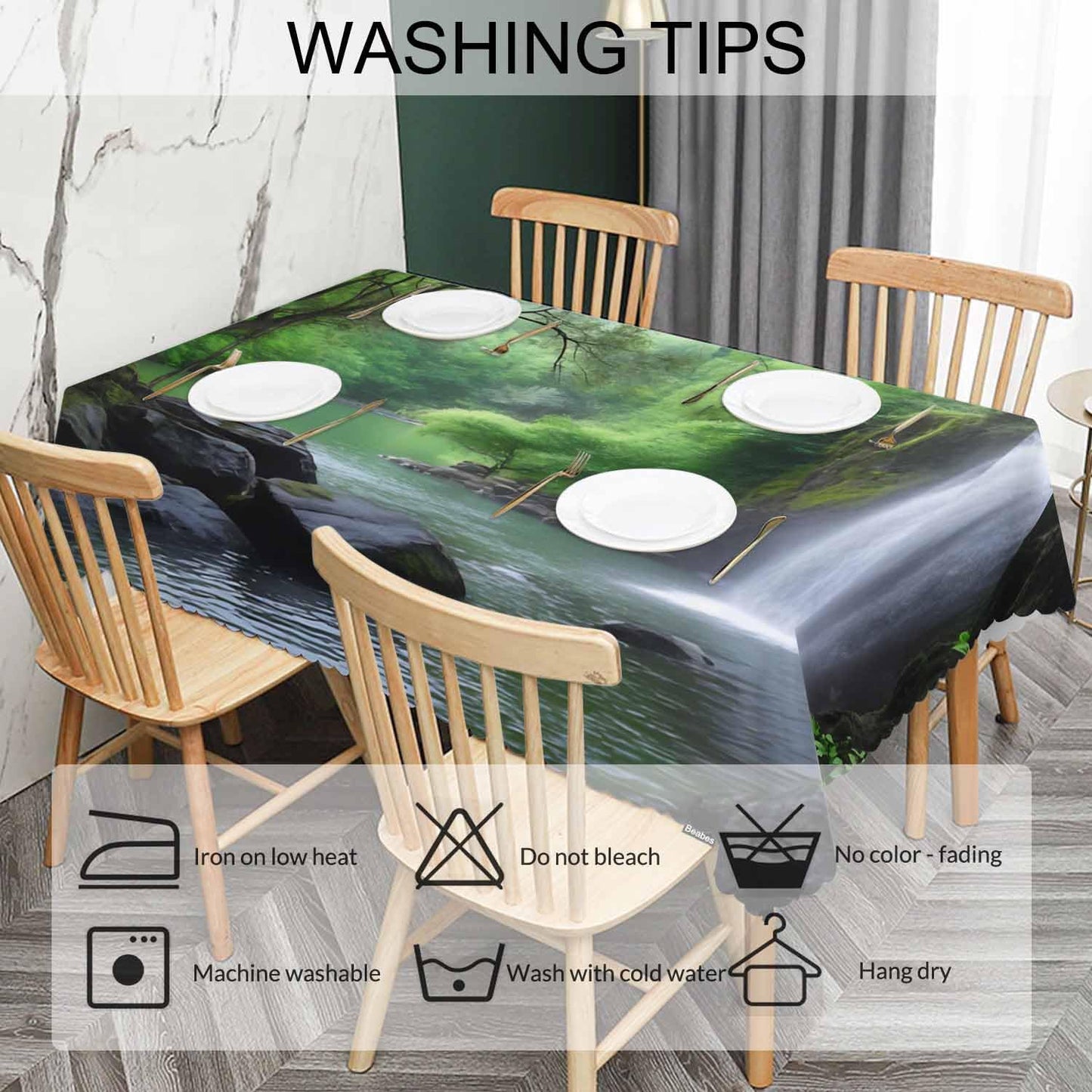 Beabes Waterfall Dinner Tablecloth Table Cover, Tropical Forest Waterfall Cave 52x70 Inch Table Cloth Dust-Proof Table Cover Protector for Home Restaurant Picnic Camping BBQ