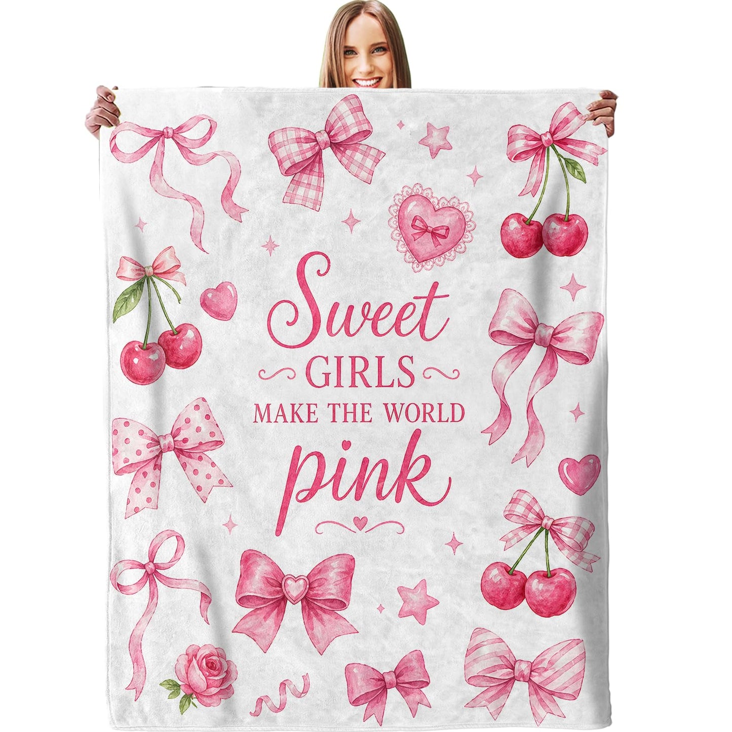 dhakalrlde Sweet Pink Bow Blanket, Soft Ribbon Cherry Heart Throw Blanket Gifts for Girls Kids, Lightweight Warm Cozy 60×50 inch Cute Flannel for Couch, Travel, Bed, Decor