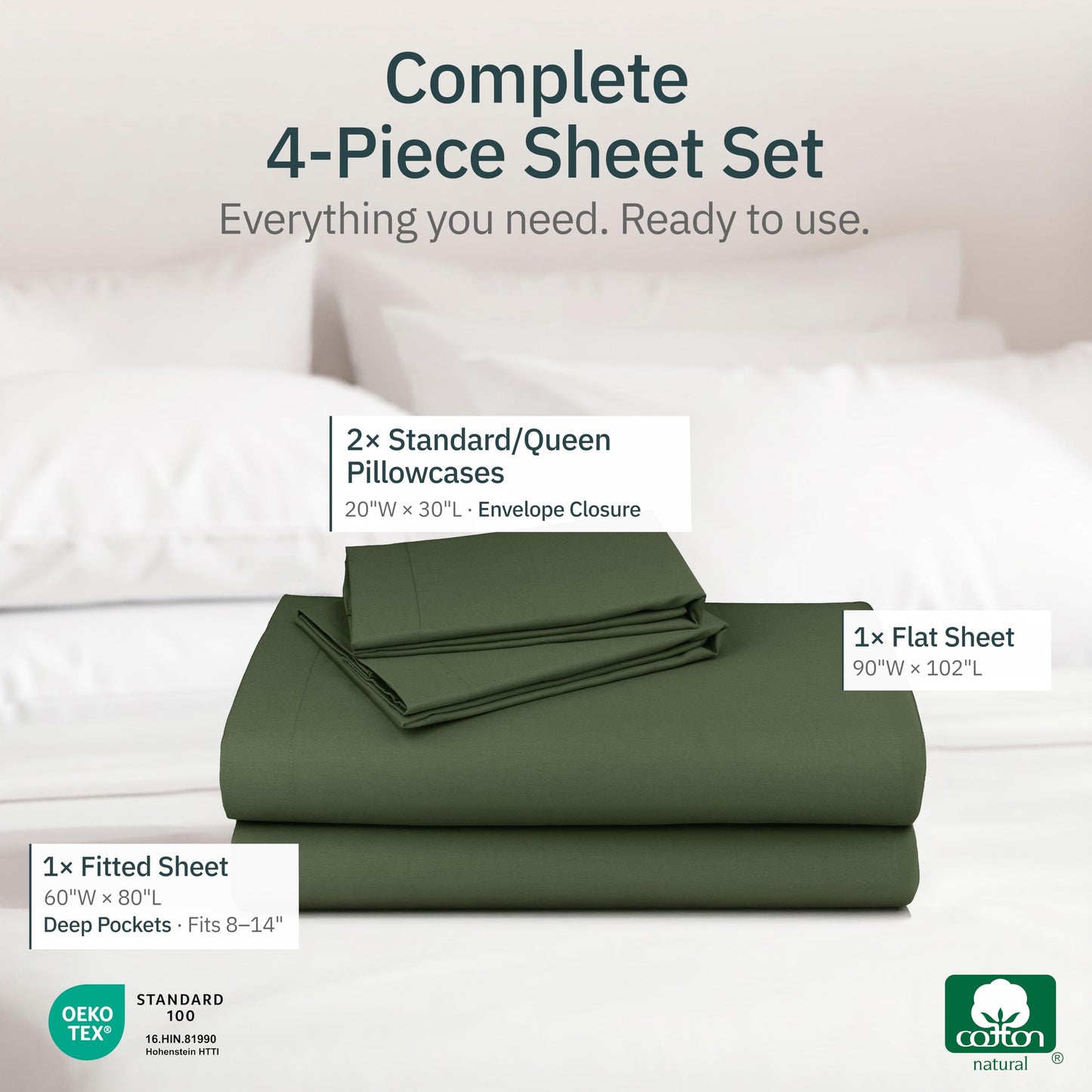 Super Soft 100% Cotton Queen Bedsheets Set - 4 Pcs - Durable Sheets, Deep Pockets, Easy Fit, Lightweight & Breathable, Suitable For Hot Sleepers & All Seasons, Minimal Wrinkles - Olive Green