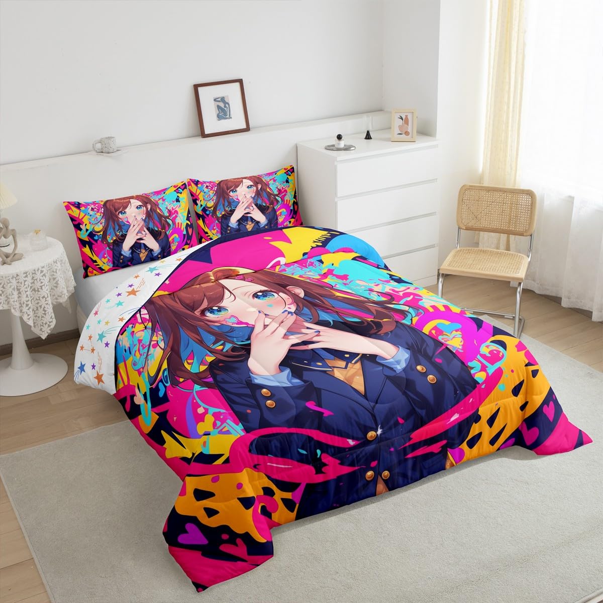 Erosebridal Anime Girl Full Bedding Set, Japanese Anime Comforter Set 3 Piece for Kids Girls Teens Adult Bedroom Decor, Cartoon Girl Quilt Kawaii Japanese Animation Bedding Comforter Sets