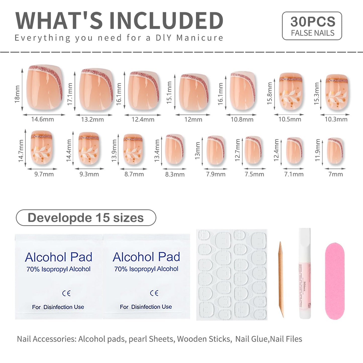 Stbisen French Press On Nails Short Square, Nude Fake Nails with White French Tip and Minimalist Purple and Gold Line Design, Glossy Gel Acrylic Nails, Natural Reusable Glue On Nails for Women, 30Pcs