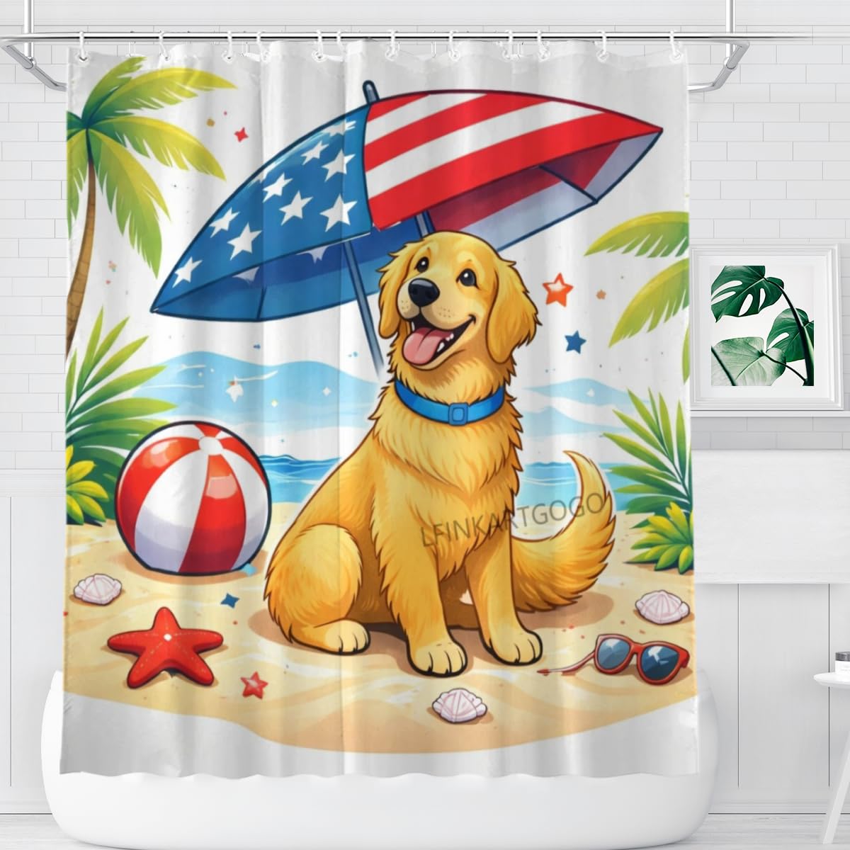 LFINKARTGOGO Shower Curtain 72x72 Inch with 12 Hooks Cute Golden Retriever Beach Bathroom Decor Patriotic Summer Coastal Dog Lover Waterproof Washable Polyester Bath Curtain