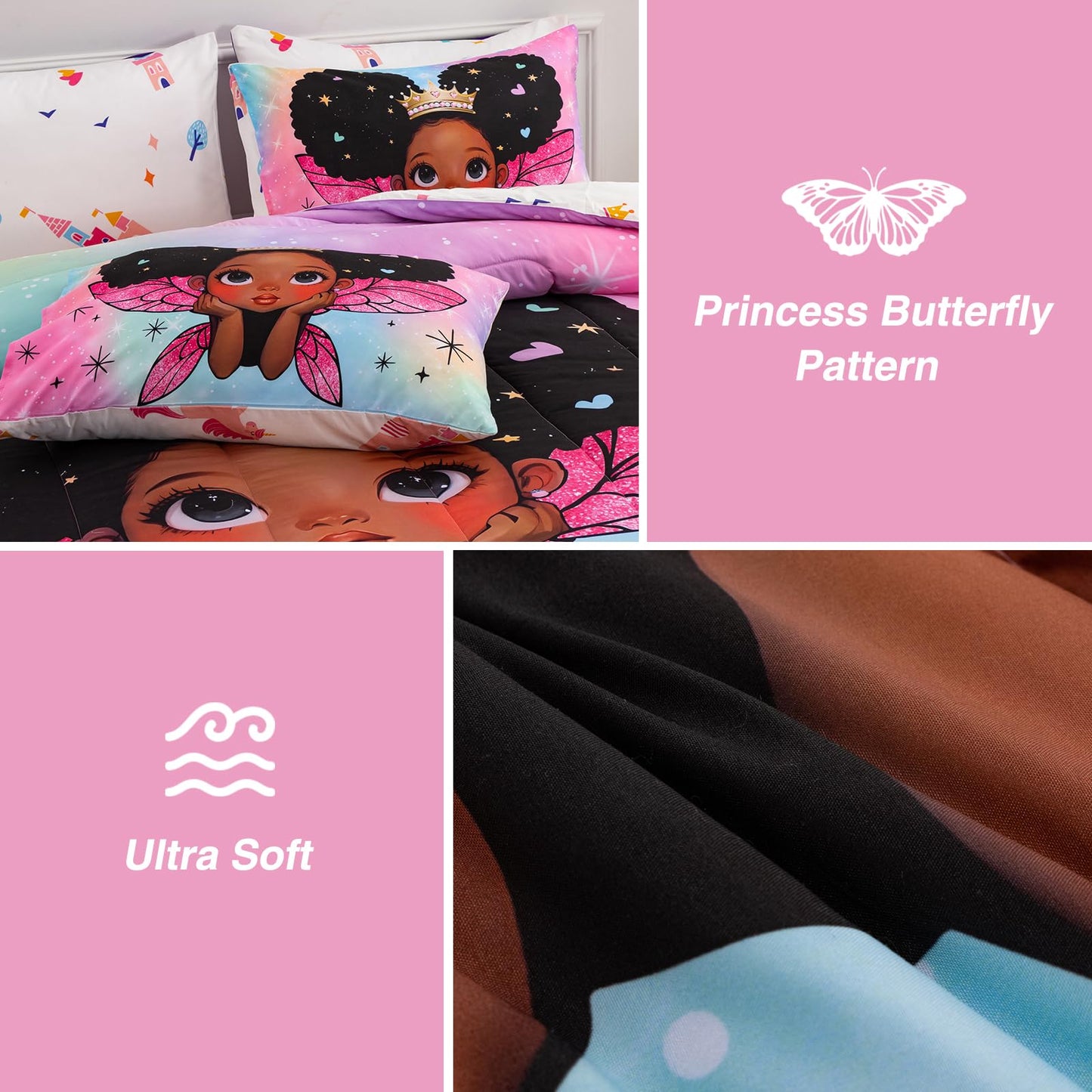 A Nice Night Black Girl Princess with Wings Comforter Set,Pink Gradient Glitter Rainbow Galaxy 6pcs Kids Twin Size Bedding Set,Room Decor for Girls