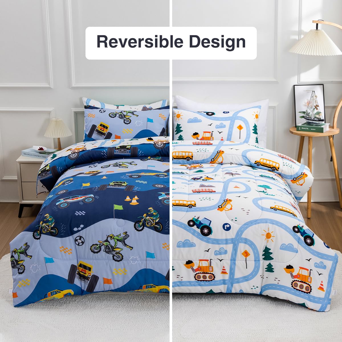 Holawakaka Trucks Tractors Cars Boys 5-Piece Bedding Comforter Sheet Set,Twin Size Cartoon Construction Car Excavator Print Kids Bed in A Bag, Excavator Mixer Truck Printed Bed Sets(Light Blue Twin)