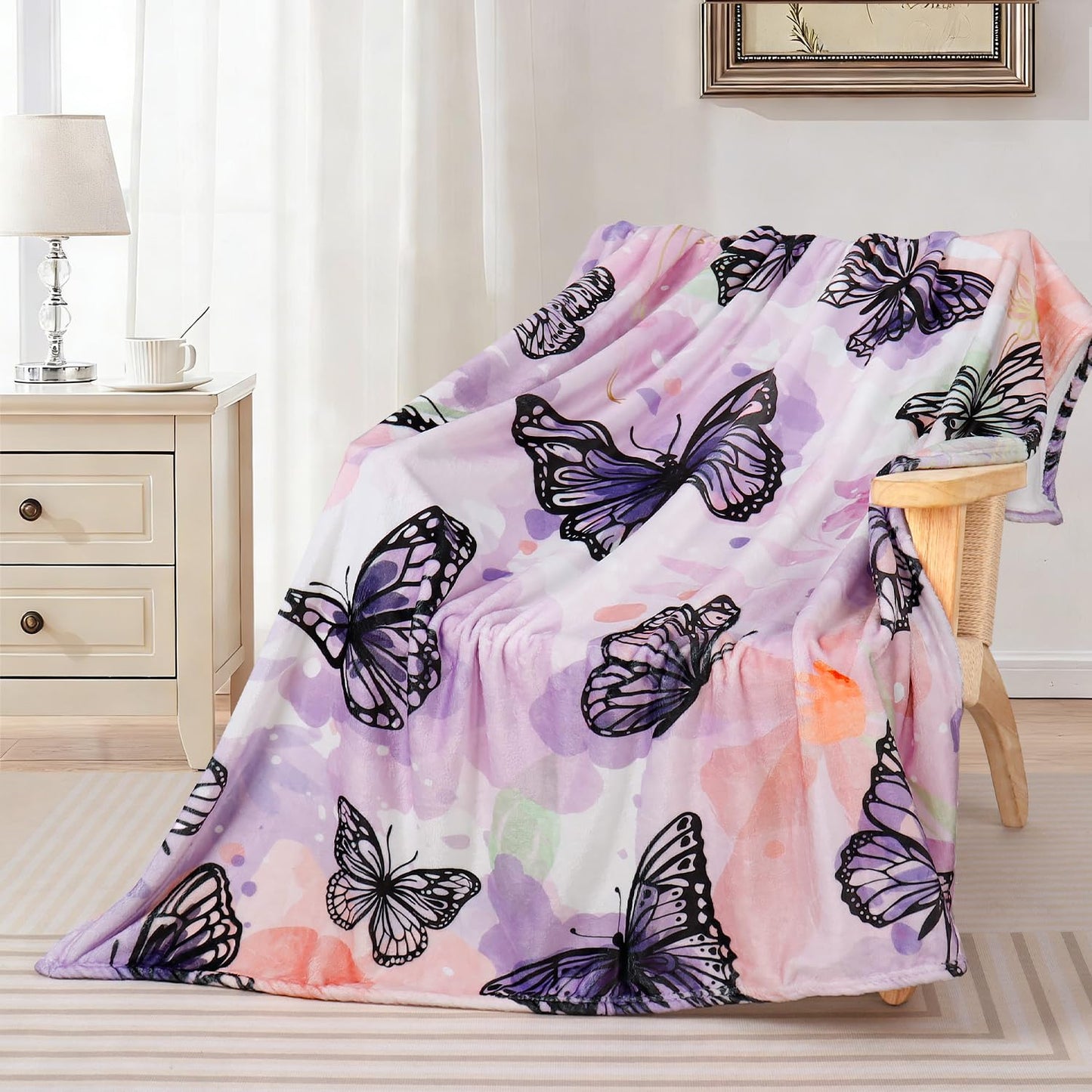 Butterfly Throw Blanket for Women Purple Butterflies Print Blanket Girl Gifts Blanket Soft Fuzzy Flannel Fleece Throw Blanket for Bed Couch 50” x 60”