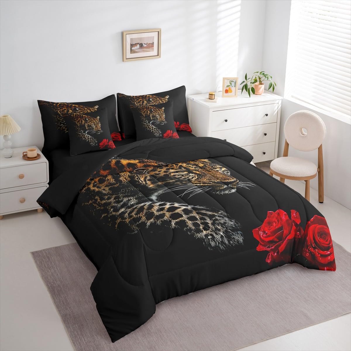 Erosebridal Leopard 7 Piece Bedding Set King Size Cheetah Bed in A Bag Rose Flower Comforter with Sheets African Savanna Animal Bed Sets