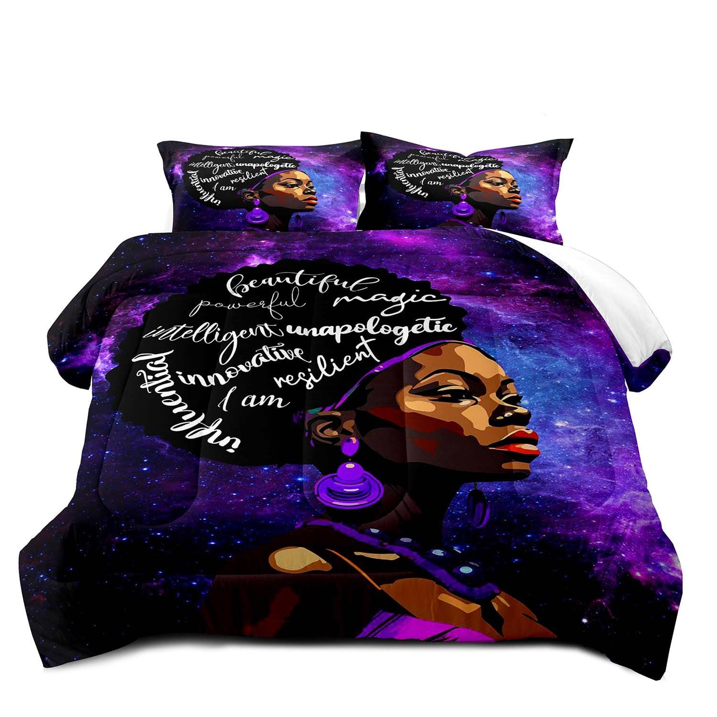 LUVIVIHOME 3PCS Black Girl Comforter Set King Size, Purple Galaxy Starry Sky Positive Quotes Black Girl Magic Bedding Sets, African American Bedroom Decor, Inspirational Gifts for Women, 2 Pillowcases