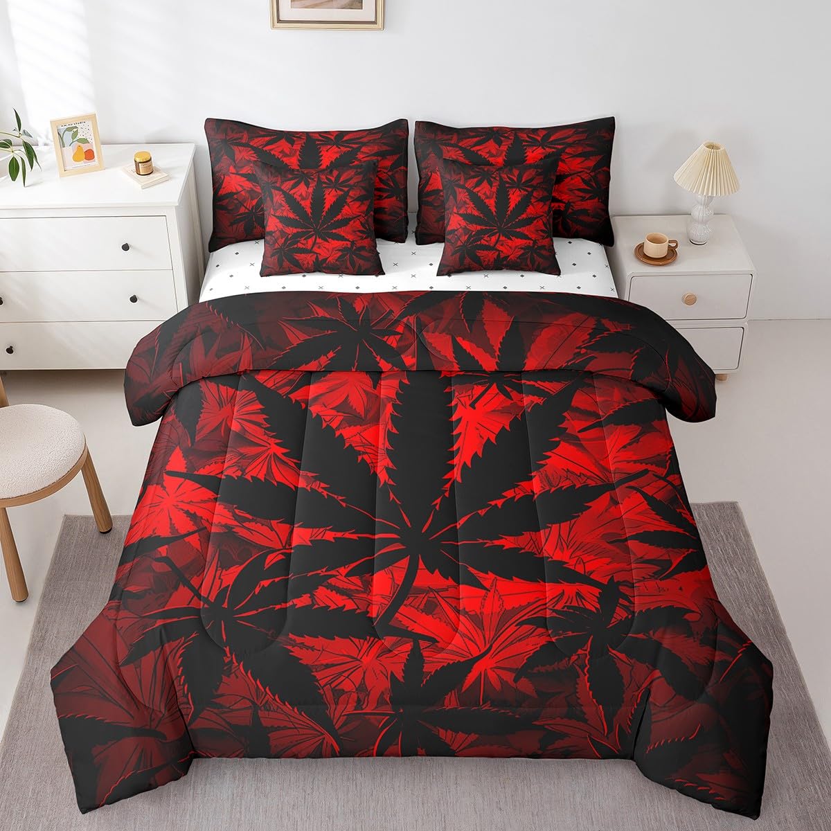 Erosebridal 7 Pcs Leaf Comforter Set - Twin Size, Neon Bed in a Bag with Flat Fitted Sheet for Kids and Adults, Leaf Bedding Set with Pillowcases and Cushion Cases