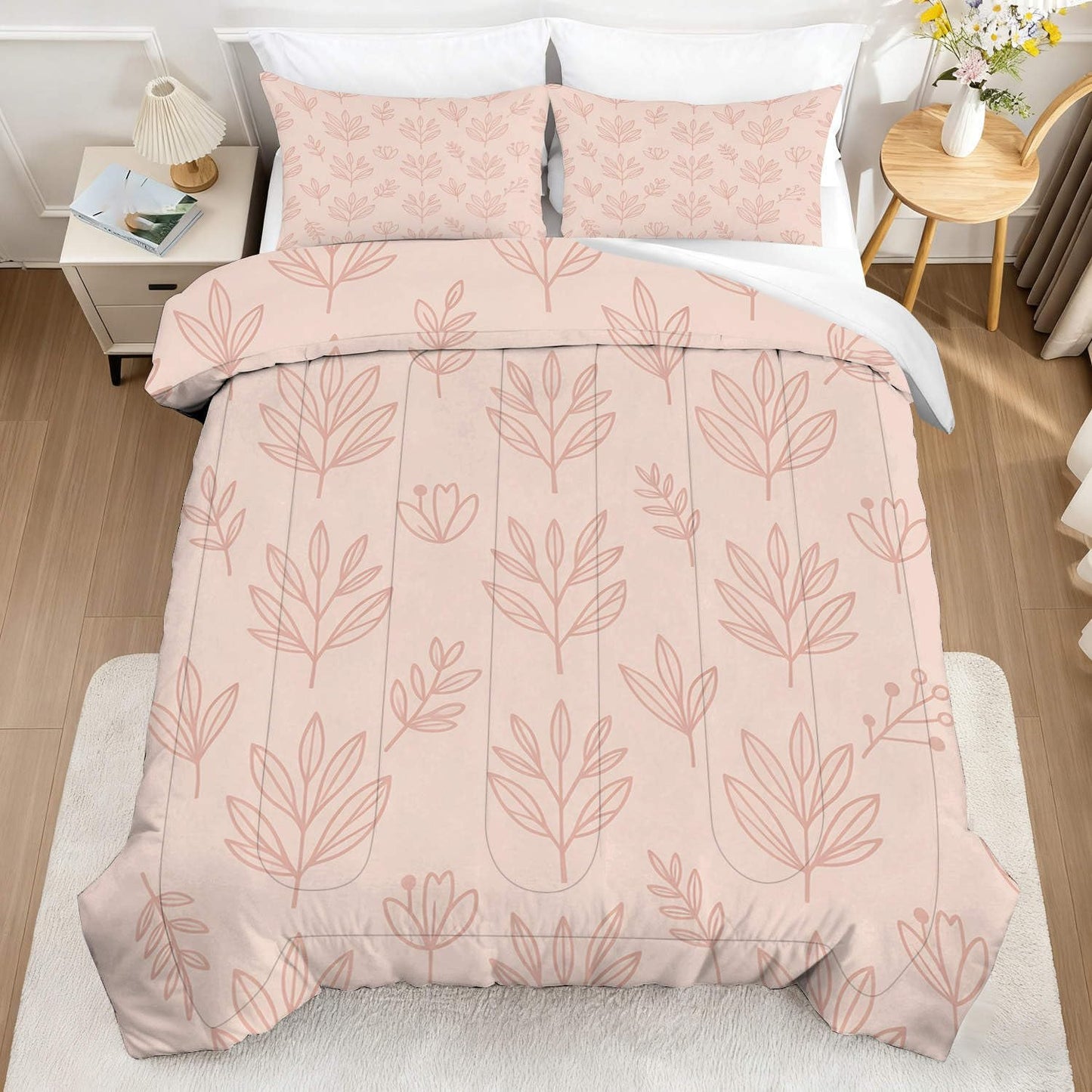 CERYUEE King 3pc Pink Line Leaf Boho Botanical Comforter Set