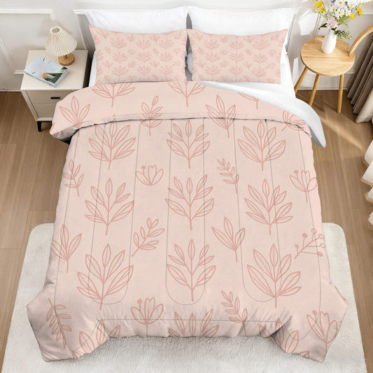 CERYUEE King 3pc Pink Line Leaf Boho Botanical Comforter Set