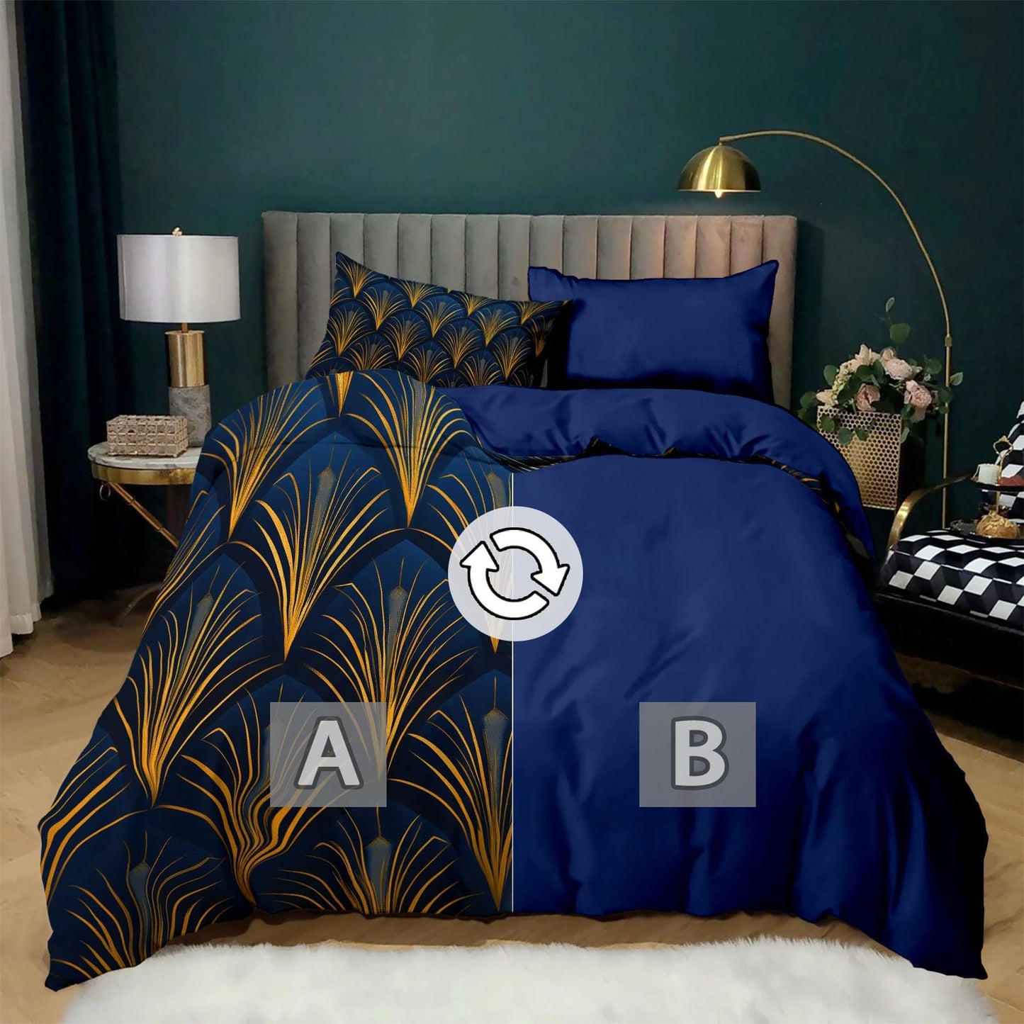 Art Deco Style Retro Leaves Microfiber Duvet Cover Set, Decorative 3 Piece Bedding Set with 2 Pillow Shams, (90 x 90 in) Queen Comforter Quilt Cover for Room Decor, Blue