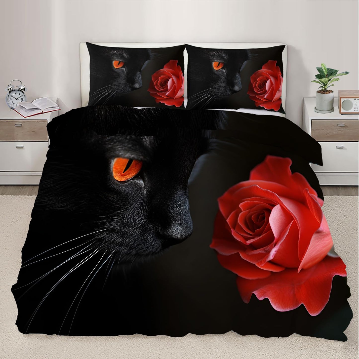 PAISUOQ Cat Print Bedding Sets, Cat with Roses Duvet Cover Queen, Romantic Animals Comforter Cover with Zipper Ties, 3 Pieces with 2 Pillowcases, Home Decor & Gifts