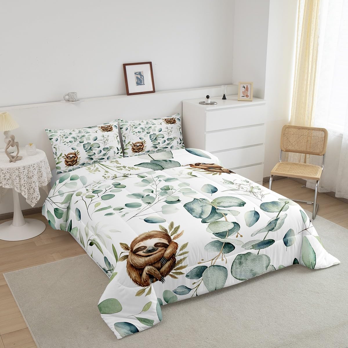 Erosebridal Girls Kawaii Animal Bedding Twin Size Cute Sloth Comforter Set Twin, Cartoon Wildlife Duvet Insert Green Leaf Quilt Comforter, Plant Bedding Comforters & Sets Child Kids Bedroom Decor