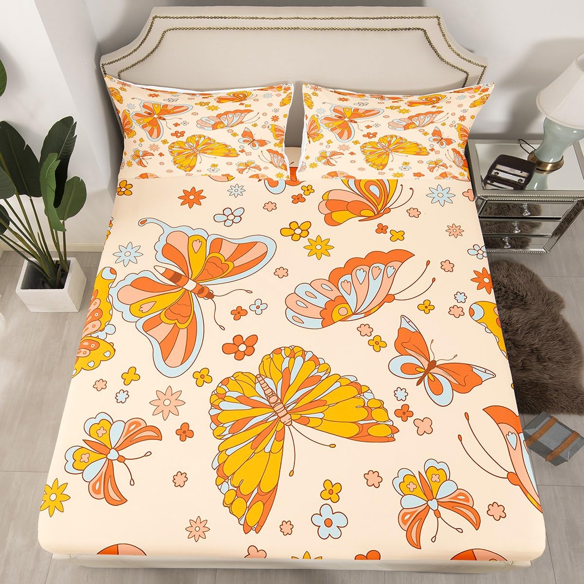 Retro 70S 60S Floral Hippie Bed Sheets Full For Kids Girls Cute Groovy Butterfly Flower Bedding Set Boho Natural Flowers Sheet Set Rainbow Garden Botanical Fitted Sheet + Flat Sheet + 2 Pillow Cases