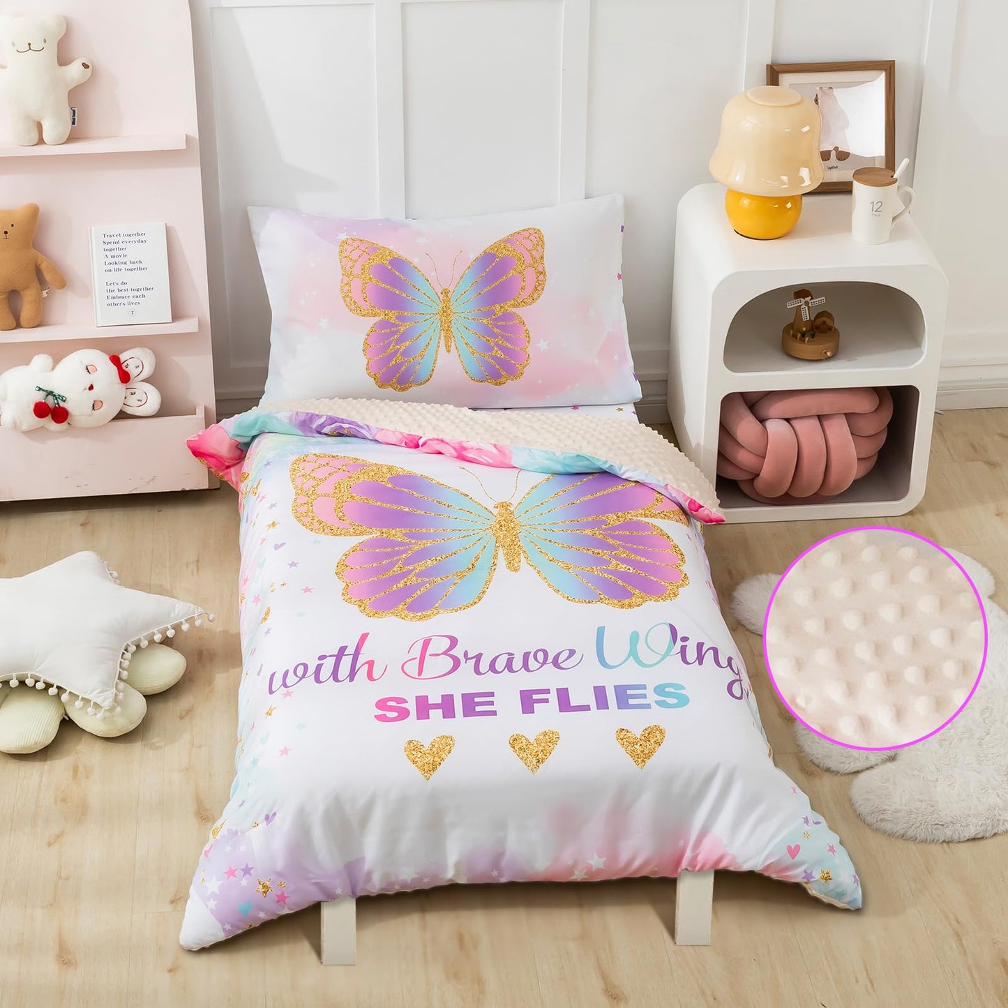 PINNKKU 4-Piece Toddler Bedding Set, Includes 1 Flat Sheet, 1 Fitted Sheet, 1 Comforter and 1 Reversible Pillowcase, Standard Toddler Comforter & Sheet Set, Ultra Soft Toddler Bed Set, Butterfly