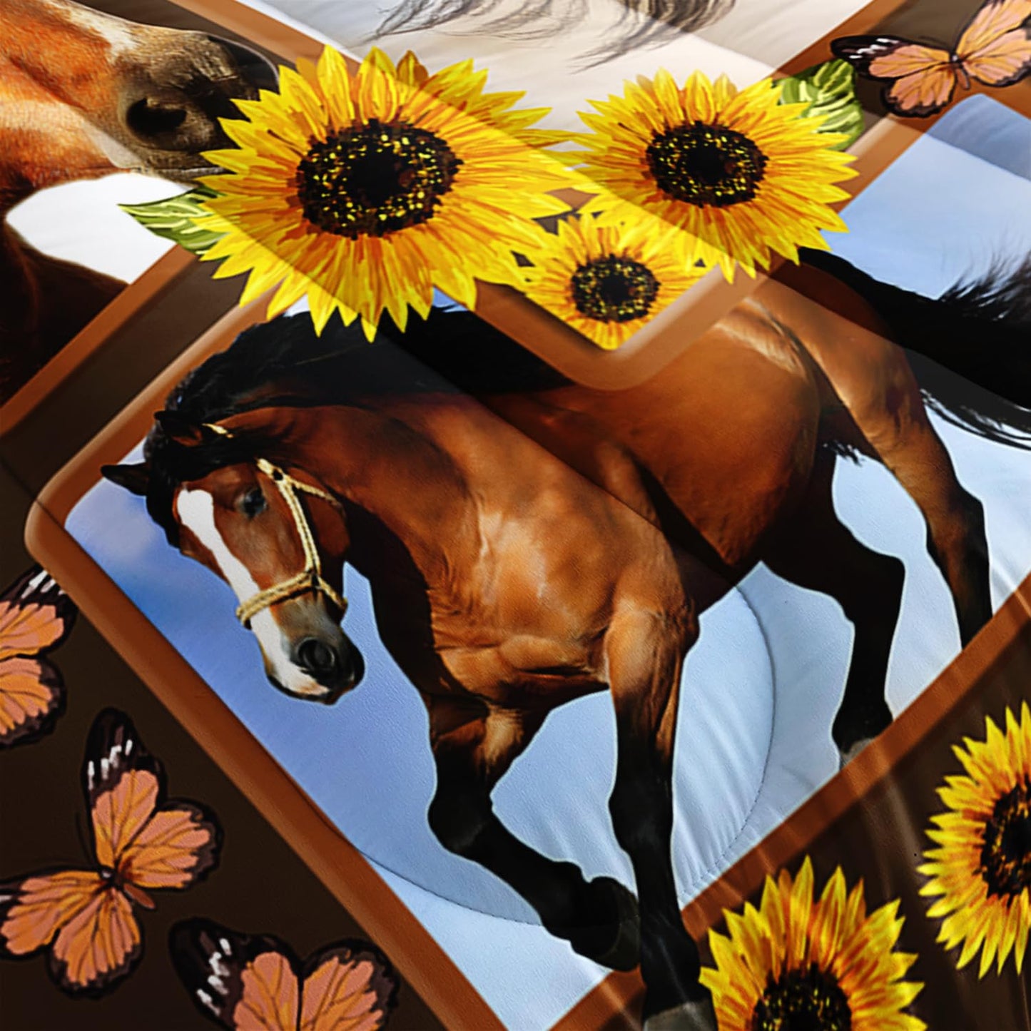 HOSIMA Horse Twin Size Comforter Sets,Kids Adult Girls Bedroom Modern Decor Brown Horse and Sunflower Bedding Sets,3D Print Wild Animals Pattern Western Bedding Set Theme with 2 Pillow Shams.