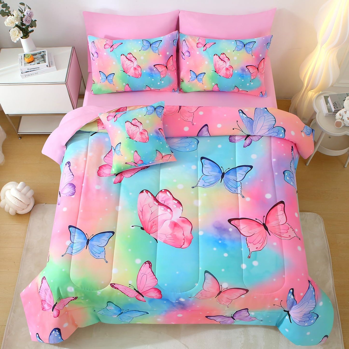 JQinHome 6 Pc Twin Rainbow Butterfly Comforter Set - 3D Butterfly Design Butterflies Bedding with Sheet Sets Bed in A Bag for Girls Kids Teens (Rainbow)