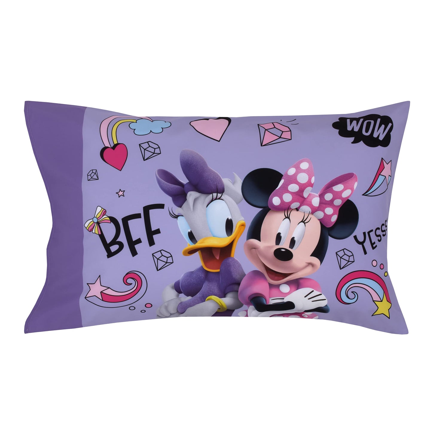 Disney Minnie Mouse I am Awesome Lavender, Pink, and White with BFF Daisy Duck, and Figaro The Cat 4 Piece Toddler Bed Set - Comforter, Fitted Bottom Sheet, Flat Top Sheet, and Reversible Pillowcase