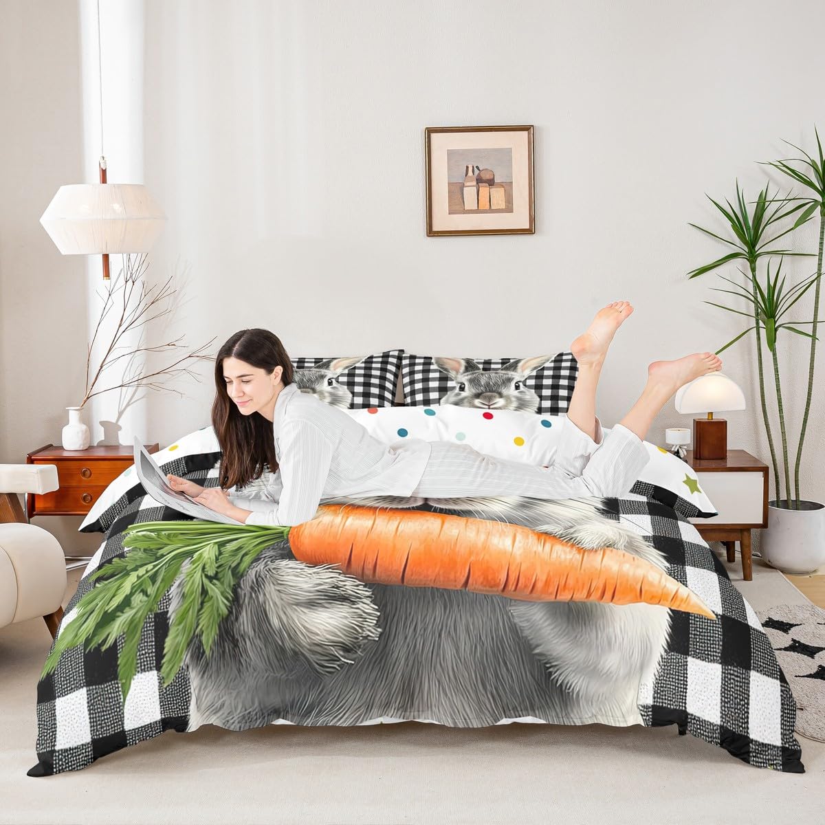 Rabbit Duvet Cover Black and White Lattice Buffalo Checkered Grid Bedding Set Easter Decorations for The Home,Cute Animal Plaid Comforter Cover Queen,Kawaii Room Decor Easter Gifts for Kids