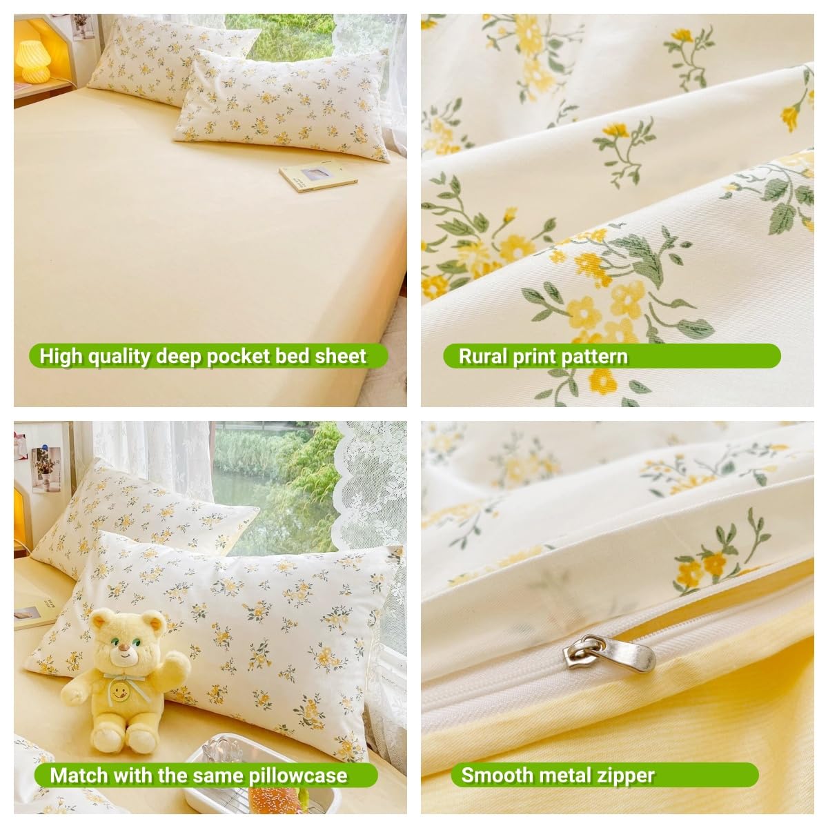 4pcs Duvet Cover Set- 100% Cotton Comfort Duvet Cover Set,a Duvet Cover,a Deep Pocket Fitted Sheet,2 Pillow Shams Home Bedding with Zipper Closure for All Season (Queen (U.S. Standard), cream yellow)