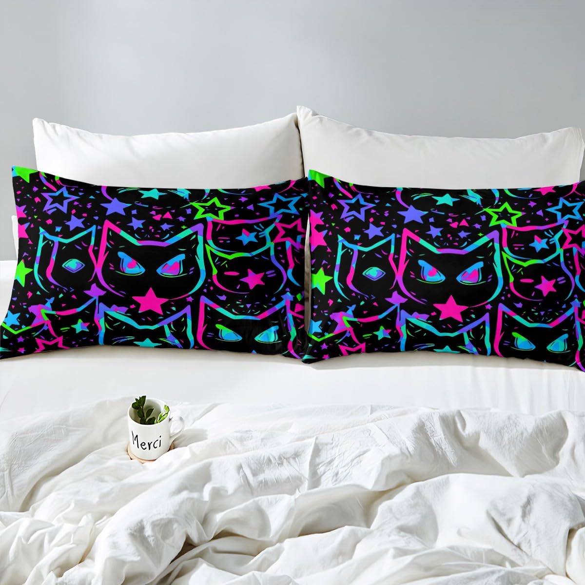 Erosebridal Cartoon Cat Sheet Set, Black Cat Bed Sheets Set for Kids Girls Boys Teens, Ombre Glowing Neon Stars Sheets, Kawaii Kitten Flat Fitted Sheet, Gradient Galaxy Bed Set All Season, Full 4Pcs