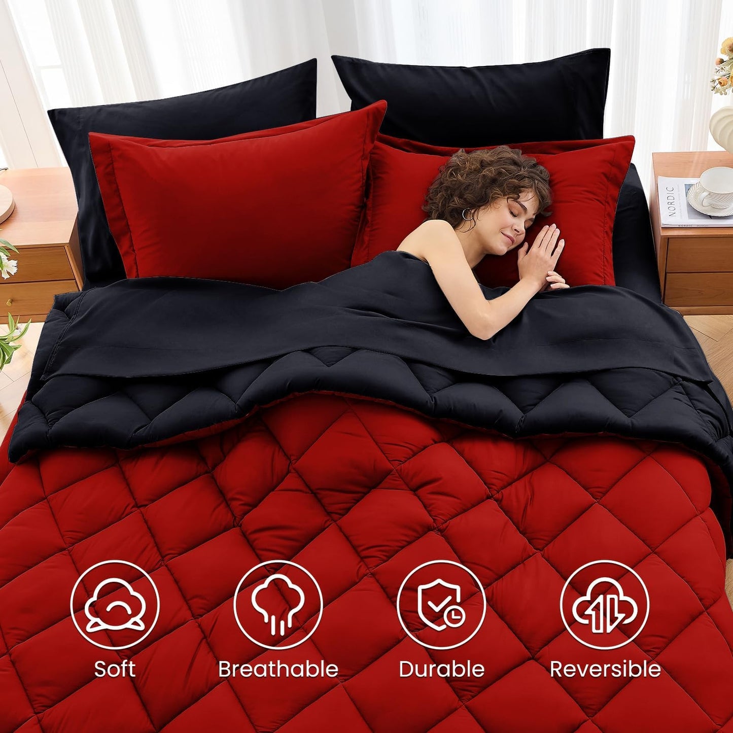 MUXHOMO 7 Pieces Queen Comforter Set, Reversible Bed in a Bag Queen Size, All Season Bedding Set with Comforter, Flat Sheet, Fitted Sheet, Pillowcases & Shams, Red & Black