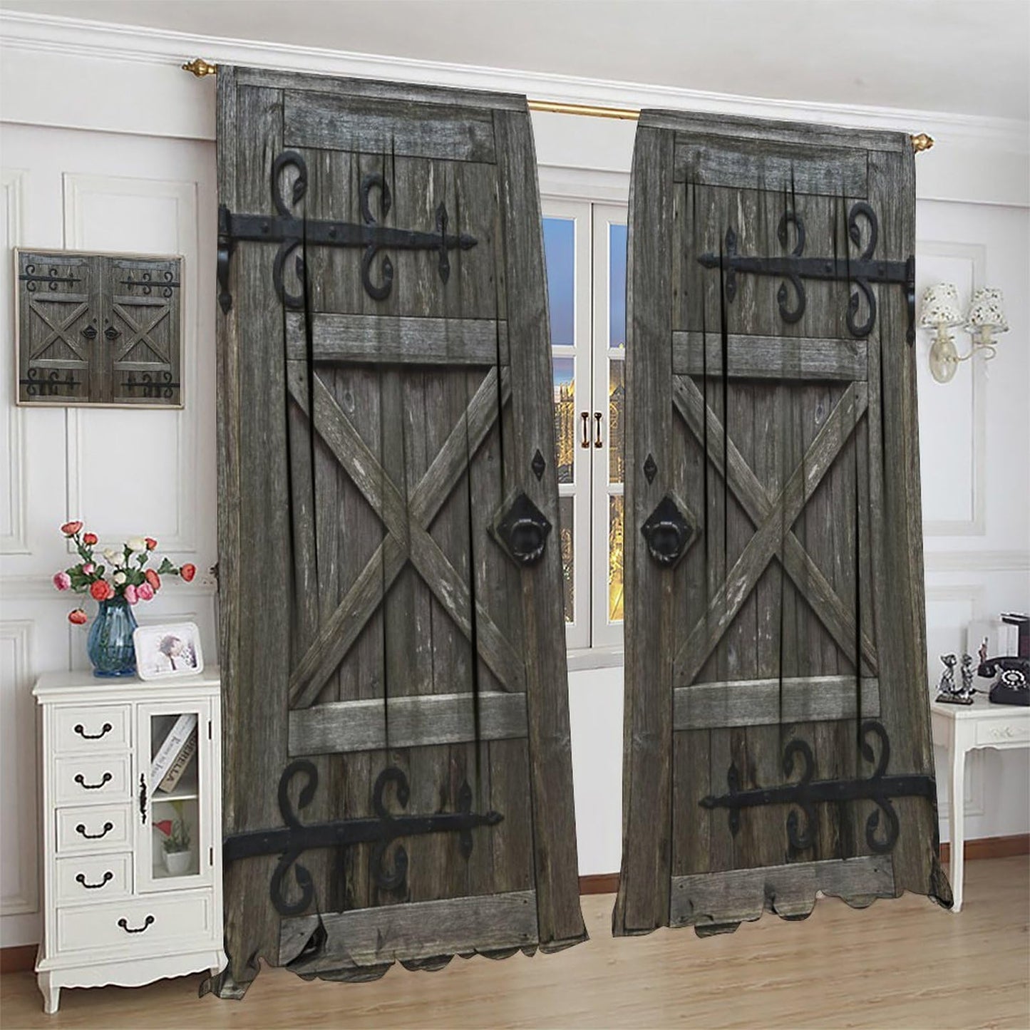 Nanacur Farmhouse Rustic Wooden Curtains, Vintage Door American Country Farm Rural Art Rod Pocket Window Treatment for Bedroom Living Room Kitchen Cafe Drapes 41" W X 45" L (No Blackout)