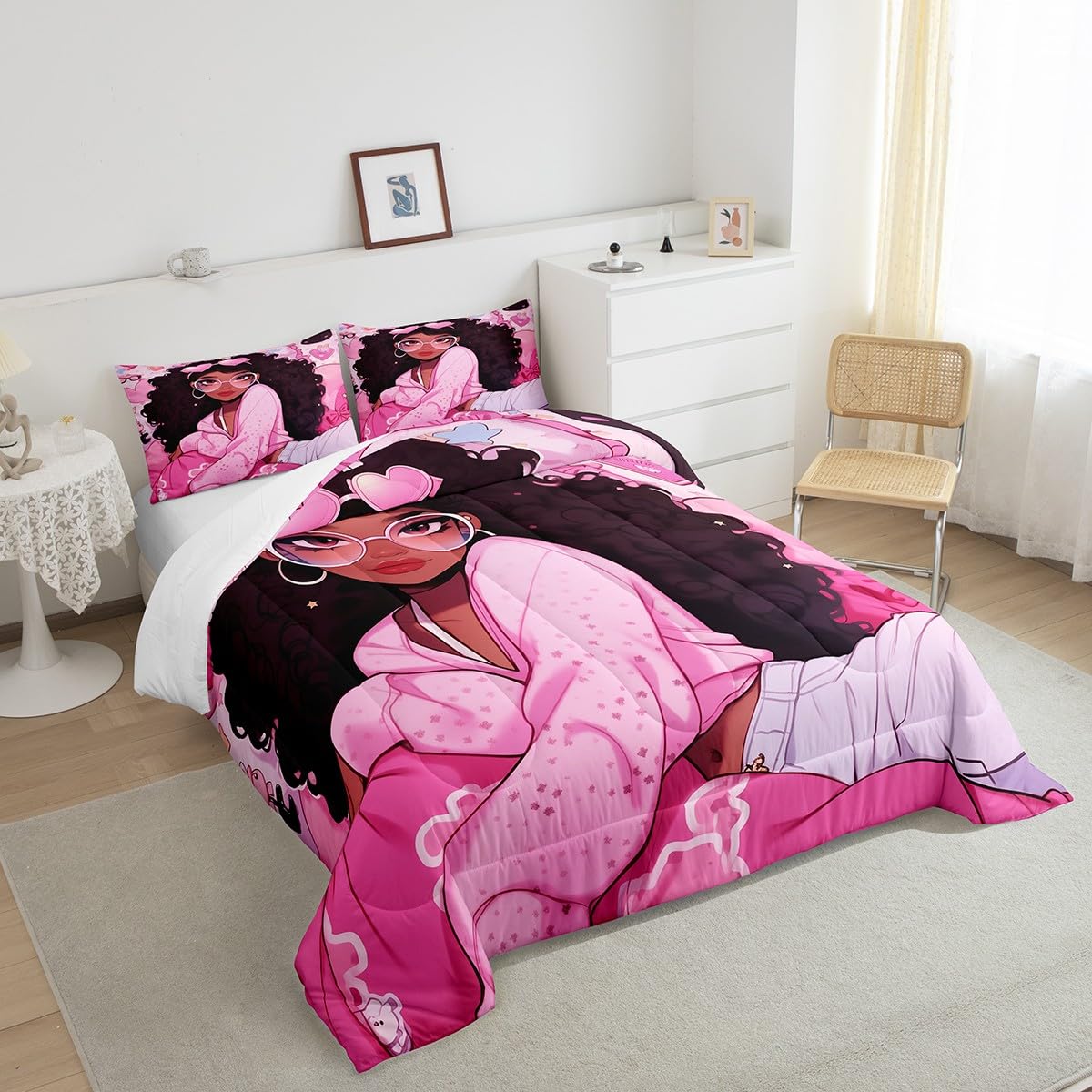 Black Princess Girly Kids Comforter Set Full Size,Cartoon Love Heart Print Bedding Set,Girls Women Room Decor,African American Little Girls Down Comforter,Pink Dreamy Duvet Insert,2 Pillowcases