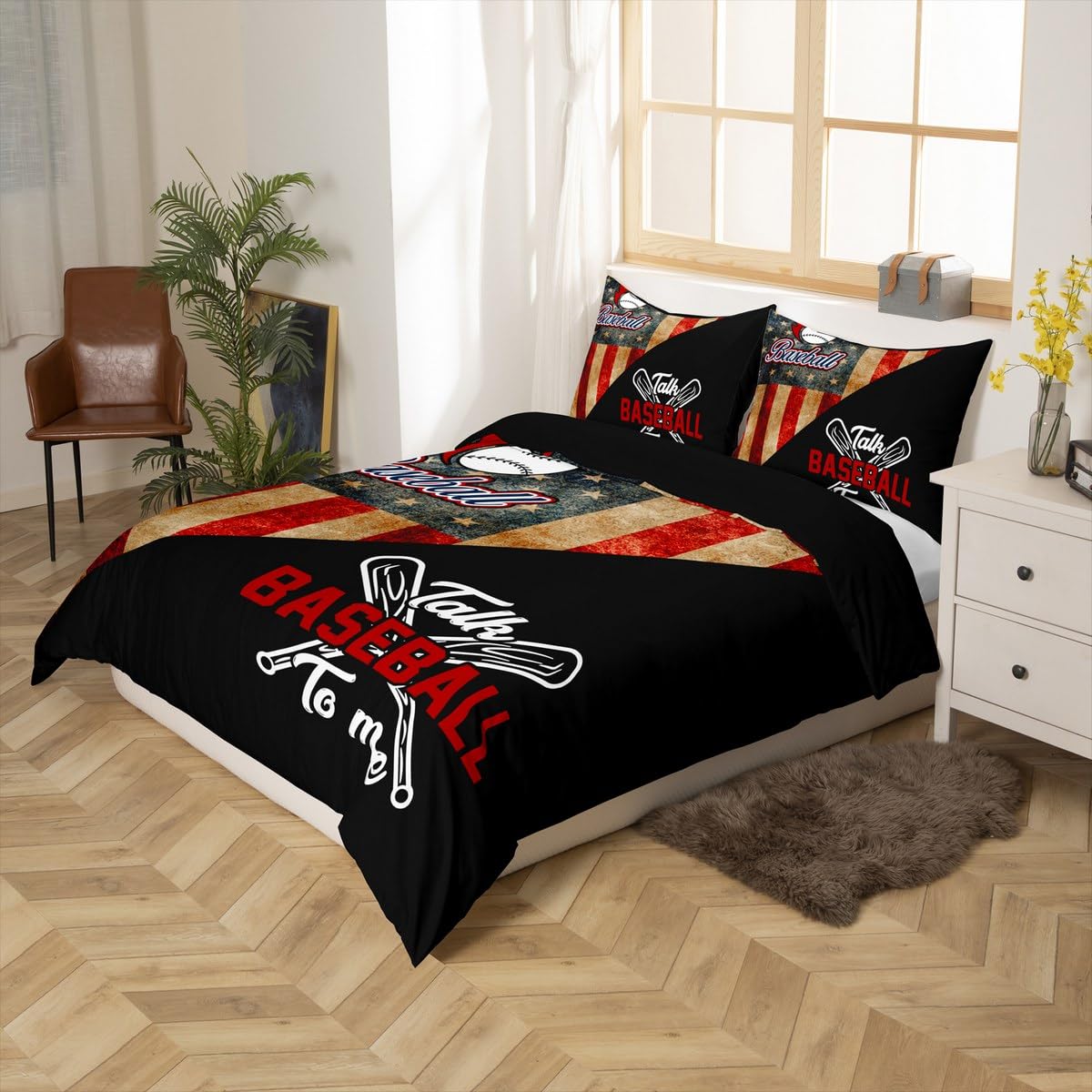 Baseball Boys Duvet Cover Set King Size,American USA Flag Retro Bedding Set,Kids Girls Adults Bedroom Decor,Baseball Bats Sport Games Comforter Cover,Black Splicing Quilt Cover,3pcs,2 Pillowcases