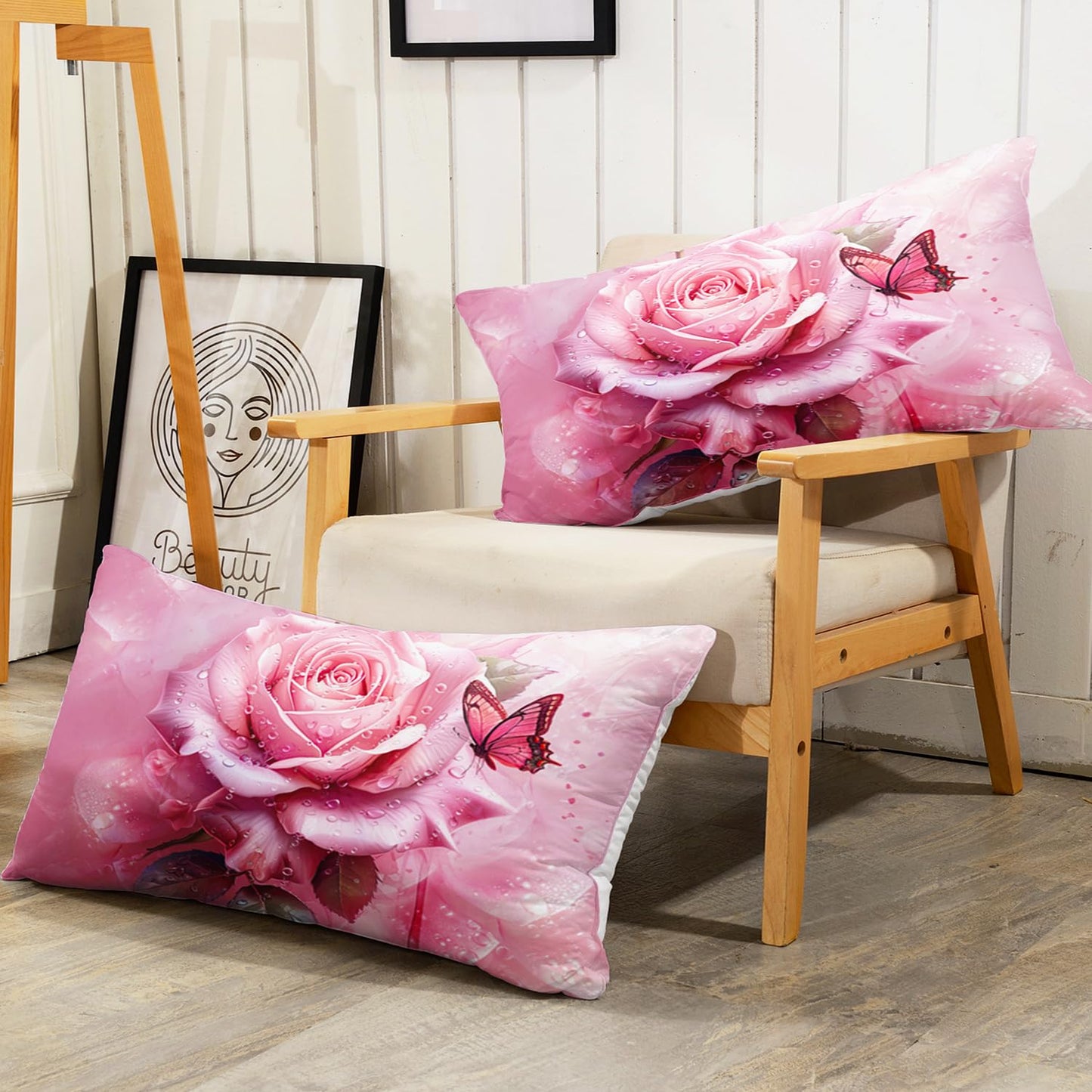 AILONEN Pink Rose Comforter Set Queen Size,Rose Flower Butterfly Bedding Set for Girls Women,Modern Romantic Floral Printed Art Pink Comforter with 2 Pillowcases,3 Piece Soft Microfiber
