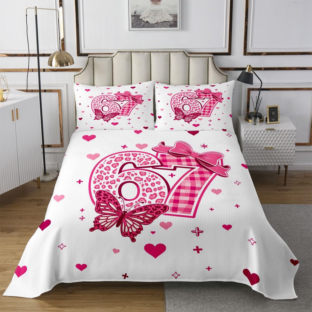 jejeloiu 6 7 Bedspread Quilts Leopard Print Coverlet Set King Size for Kids Boys Girls Pink Bow Quilted Coverlet for All Season with 2 Pillowcases Butterfly Microfiber Kawaii