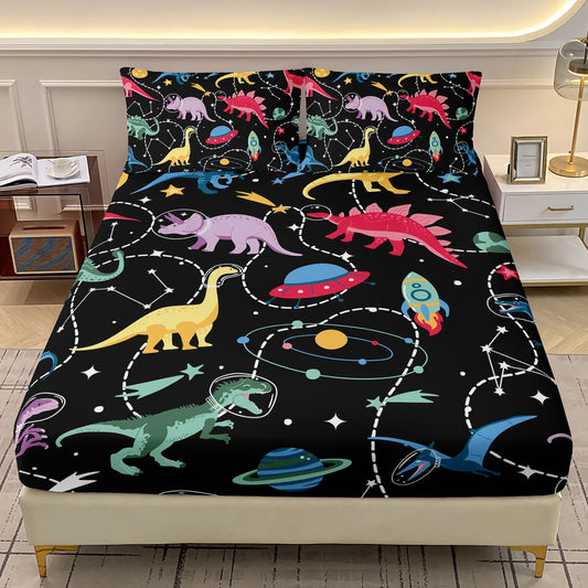 AILONEN Space Dinosaur Fitted Sheet Set Twin Size,Kids Boys Colorful Dinosaur Sheet Set,Galaxy Rocket Fitted Sheet with 2 Pillowcases,3 Pieces Soft Black