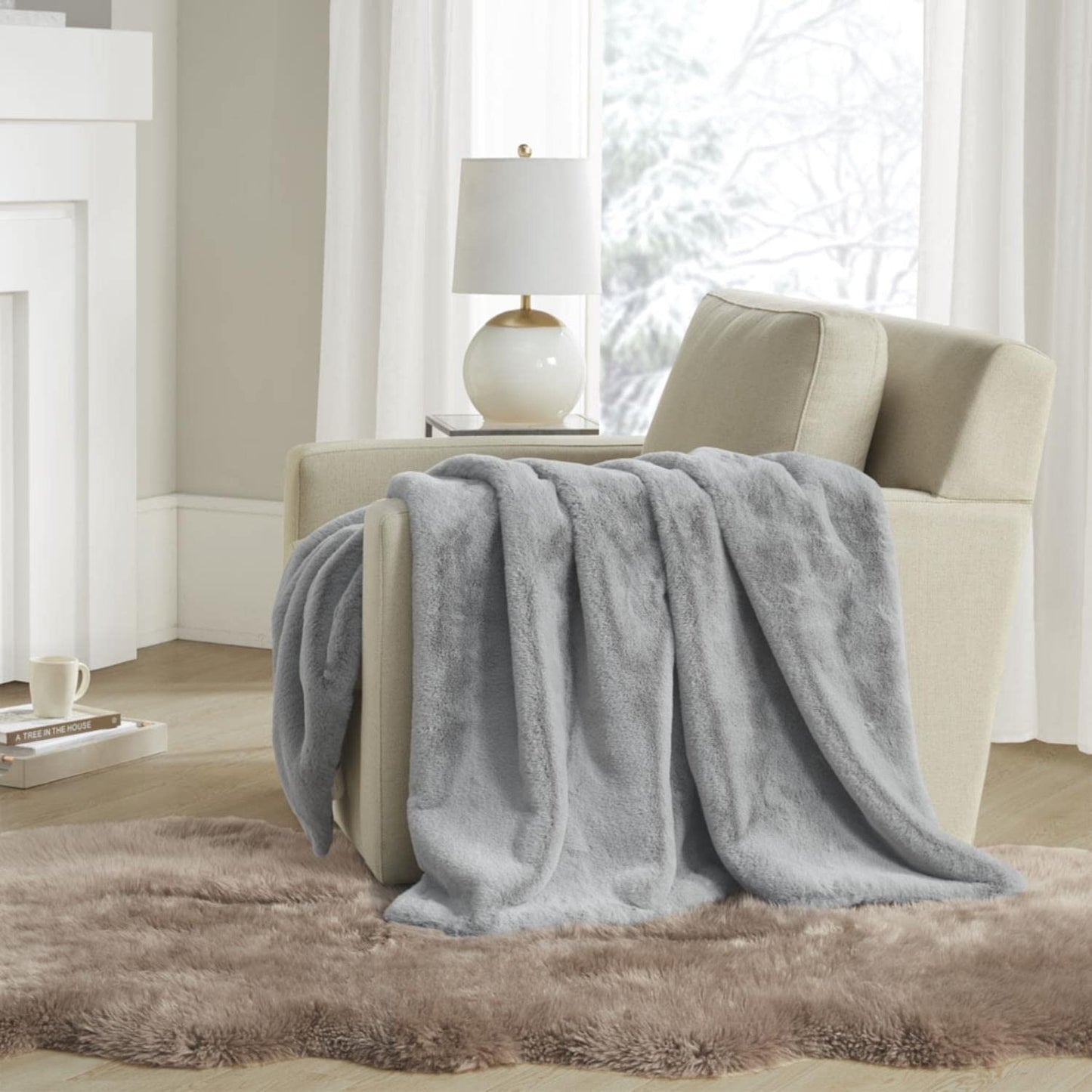 Madison Park Reversible Faux Fur Throw Blanket for Winter, Premium Warm Fuzzy Cover, Luxuriously Soft Velvet Texture Reverse, Cozy for Lounging on Couch, Sofa Ideal for Home Office, 50x60 Grey