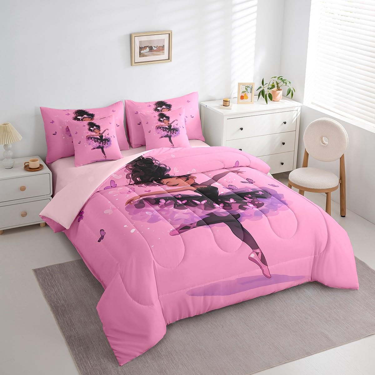jejeloiu Kids Black American Girls Comforter Set 7 Pieces Full Size Ballet Butterfly Bedding Set for Boys Girls Princess Bed Set Bed in a Bag with Comforter, Sheets, Pillowcases & Cushion Covers
