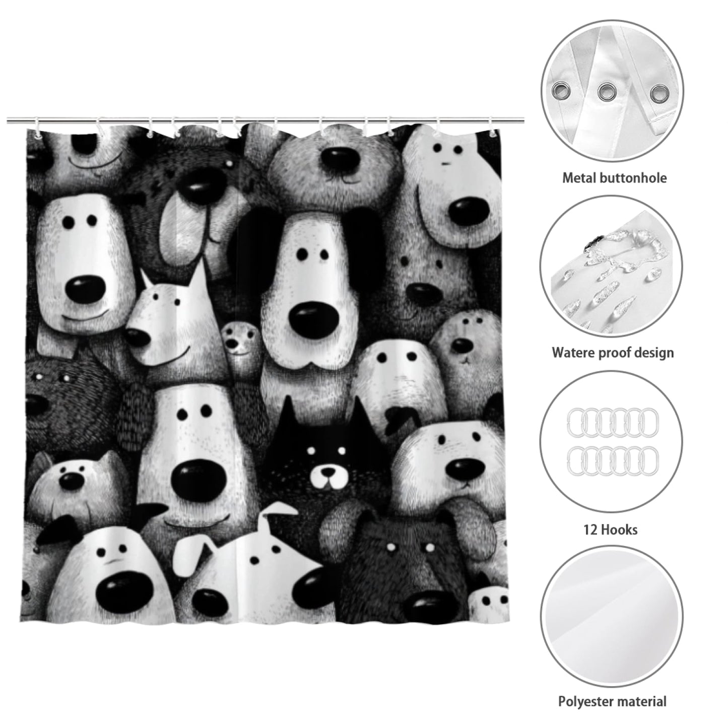 Wordatu Black Labrador Dog Pet Shower Curtain, Group of Dogs and Cats Animals Cloth Fabric Bathroom Decor Set 72X72 Inches, Black and White