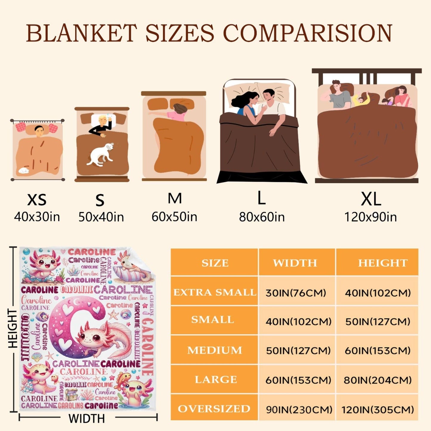 Custom Axolotl Blanket,Personalized Axolotl Gifts,Soft Flannel Throw for Bed Sofa,Lightweight,40 x 30in