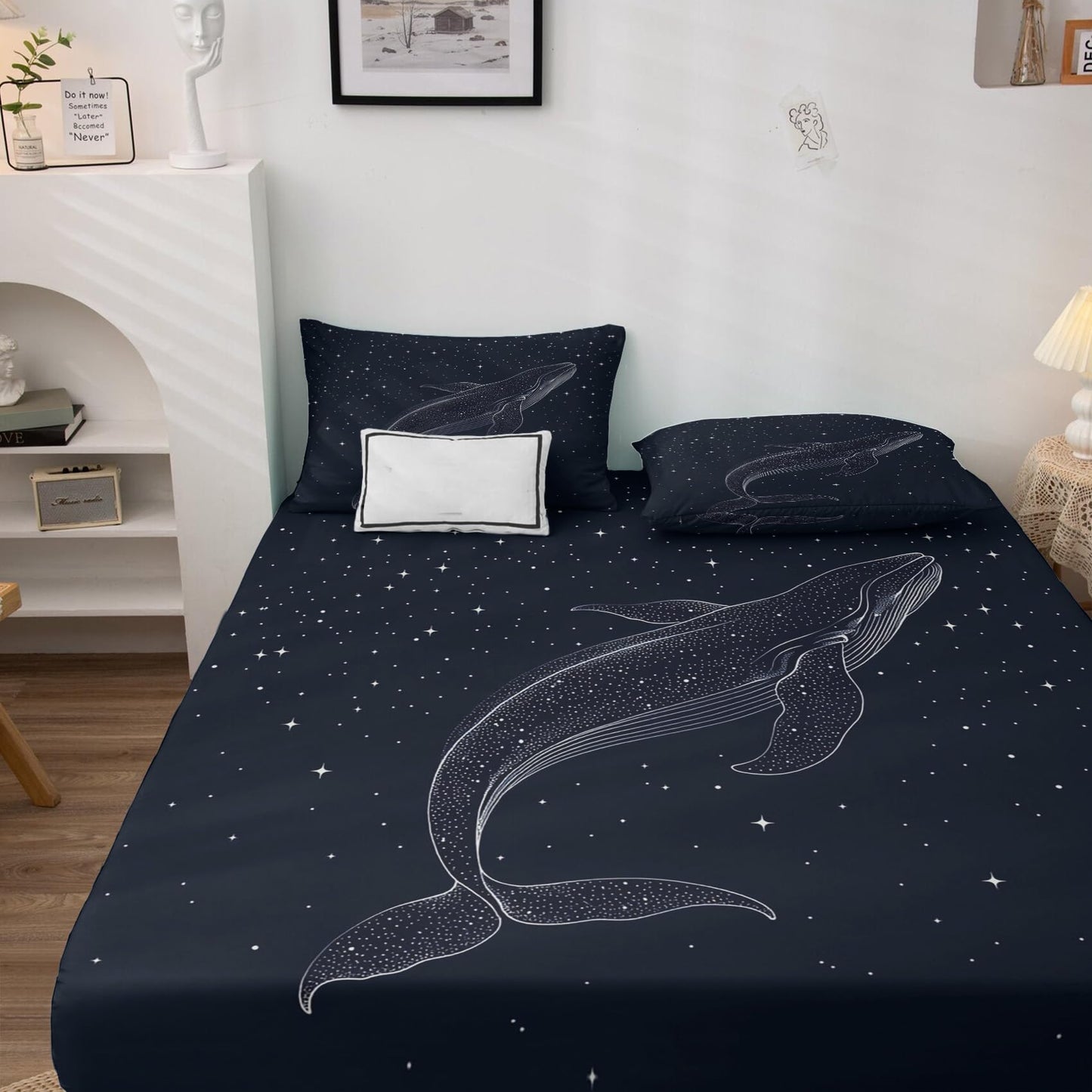 NOGAWA Whale Sheets Queen Size, Starry Sky Fantasy Bed Sheets, Patterned Bedding Sheets & Pillowcases 4 Piece Set - Soft Microfiber Deep Pocket Fitted Sheet & Flat Sheet & 2 Pillow Cases