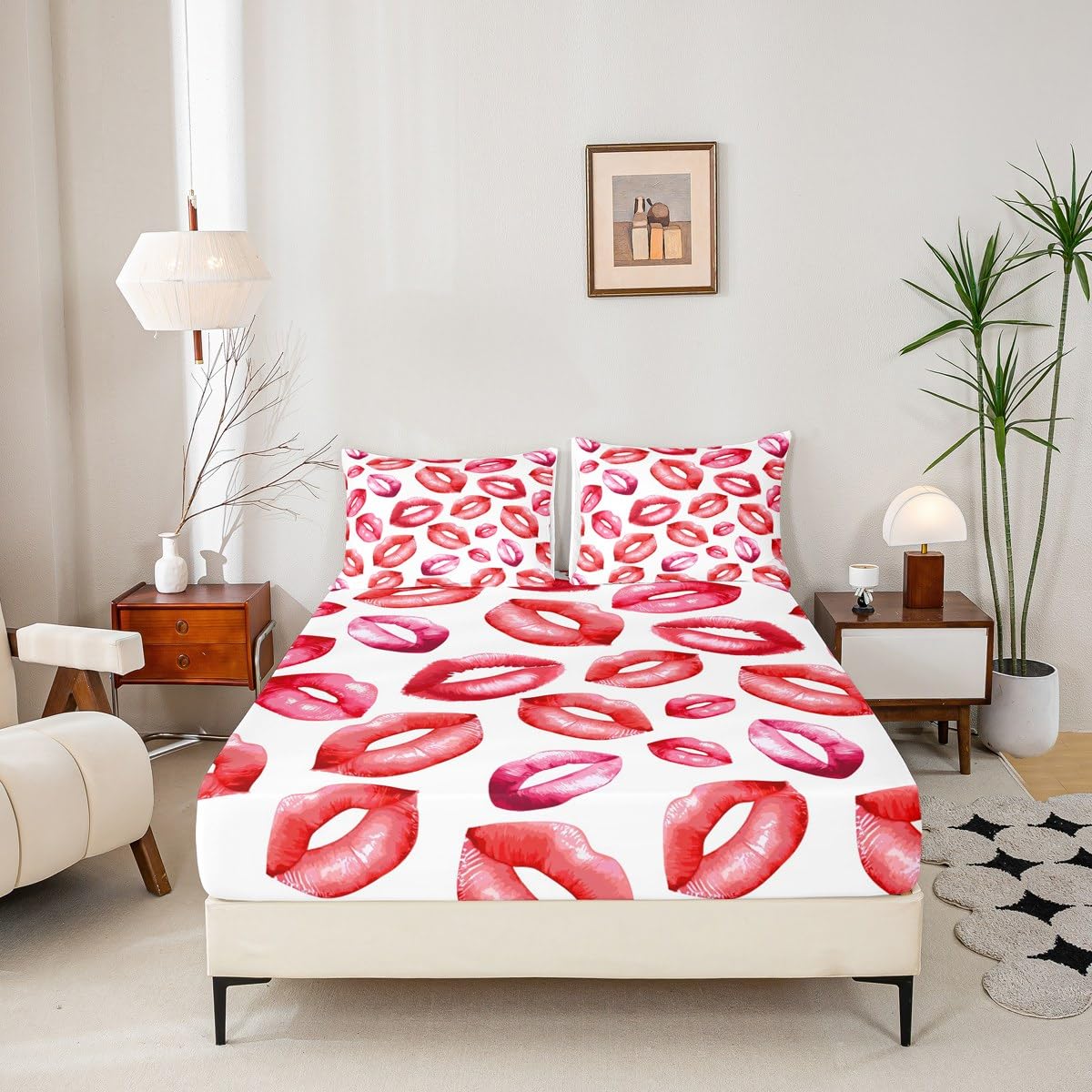 Feelyou Sexy Lips Bed Sheet Set for Girls Woman Kiss Fitted Sheet Feminine Red Lips Bedding Set Lipstick Print Bed Cover Luxury Bedroom Decor 3Pcs Sheets Queen Size Red White