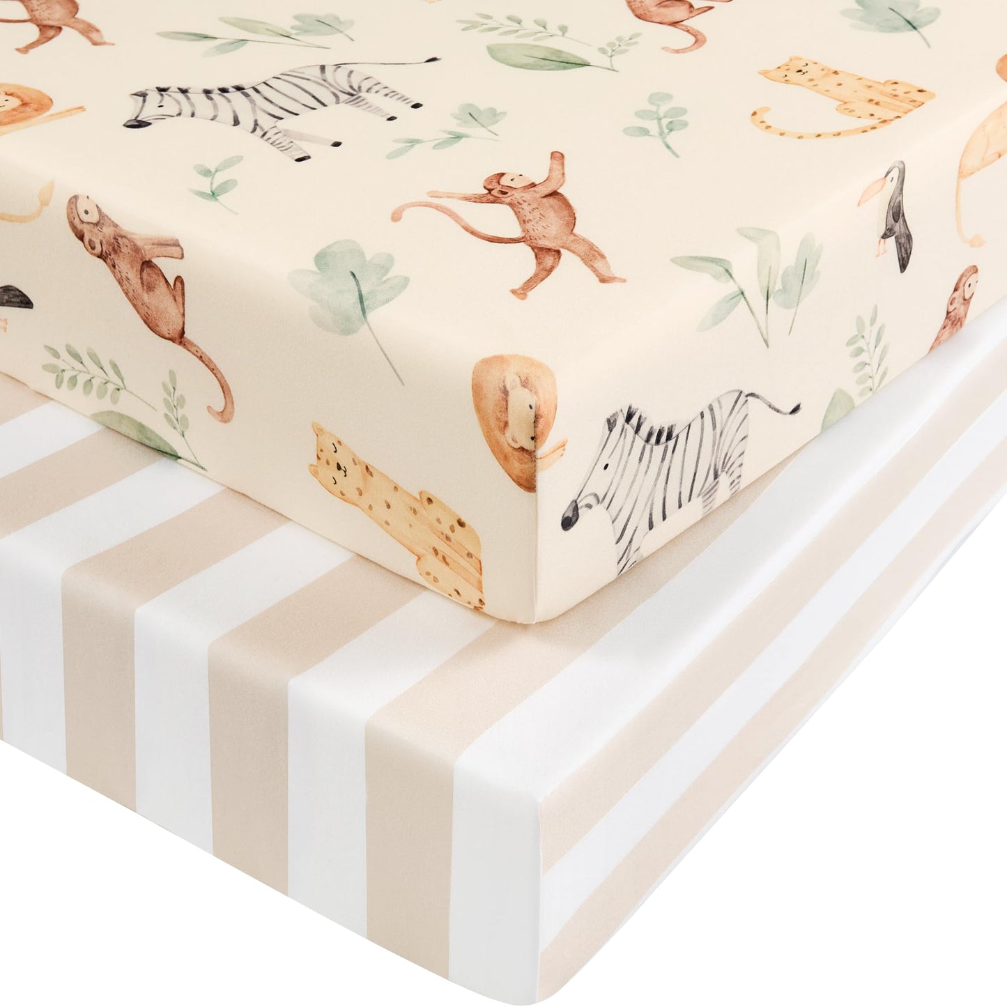Nyessmee Baby Crib Sheets for Boys and Girls, Fitted Crib Sheets 52" x 28", Soft Breathable Microfiber Sheets for Standard Crib and Toddler Mattress, 2-Pack Striped Animals