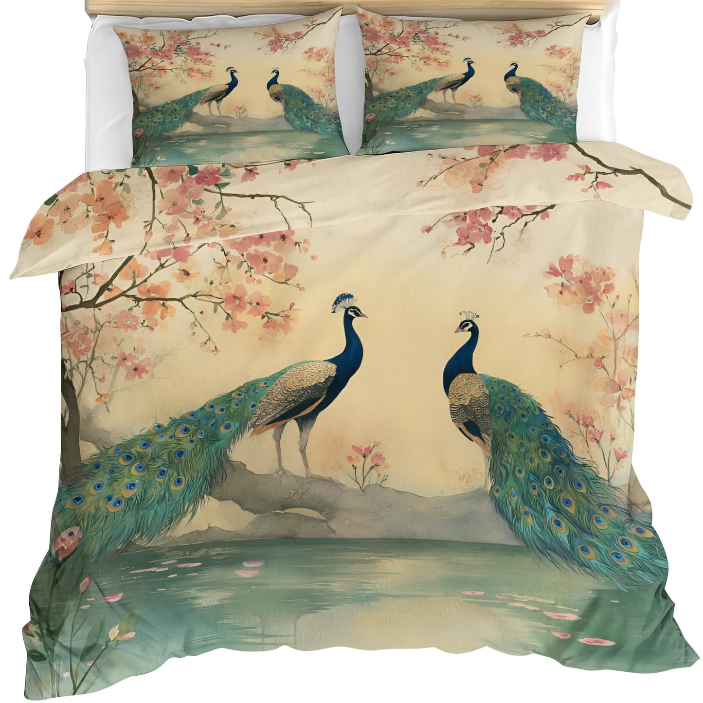 Peacock Duvet Cover Twin Size, Retro Bird Animal Comforter Cover 68" x 90", Oriental Floral Bedding Set with 2 Pillowcases