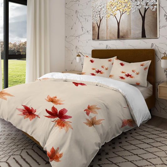 Batmerry Falling Maple Leaves King Size 100% Cotton Duvet Cover Sets, Delicate Watercolor Autumn Bedding Set with Zipper Closure Corner Ties, 3 Pieces (1 Cover + 2 Pillowcases No Comforter)