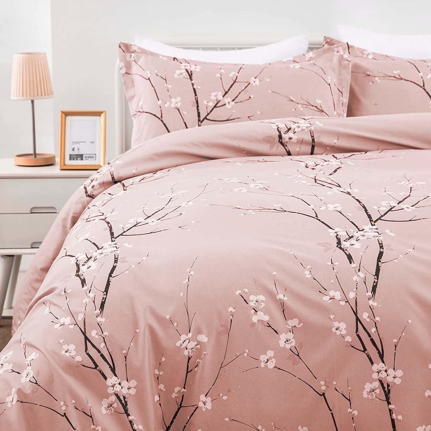WONGS BEDDING Floral Duvet Cover Set King, Pink Flower Plum Pattern Comforter Cover Set with 2 Pillowcases 3 Pieces Botanical Bedding Set with Zipper Closure for Kids 90"x103"(Not Comforter)