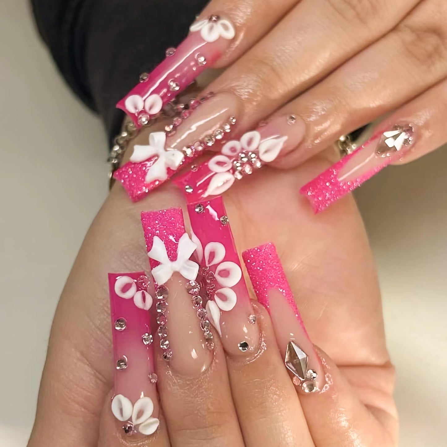 MISUD Press on Nails - Long Square Glue on Nails with Hot Pink, Acrylic Bling Glitter Rhinestone Design 24 pcs