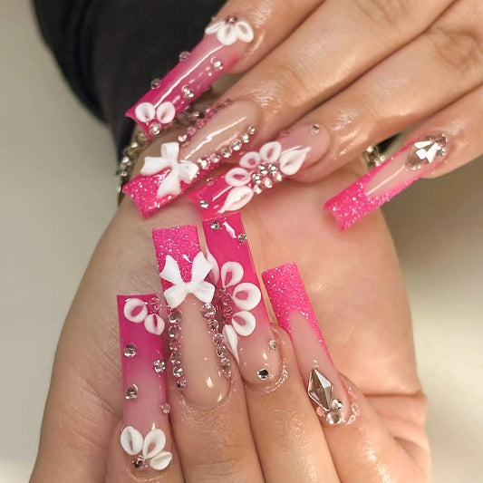 MISUD Press on Nails - Long Square Glue on Nails with Hot Pink, Acrylic Bling Glitter Rhinestone Design 24 pcs
