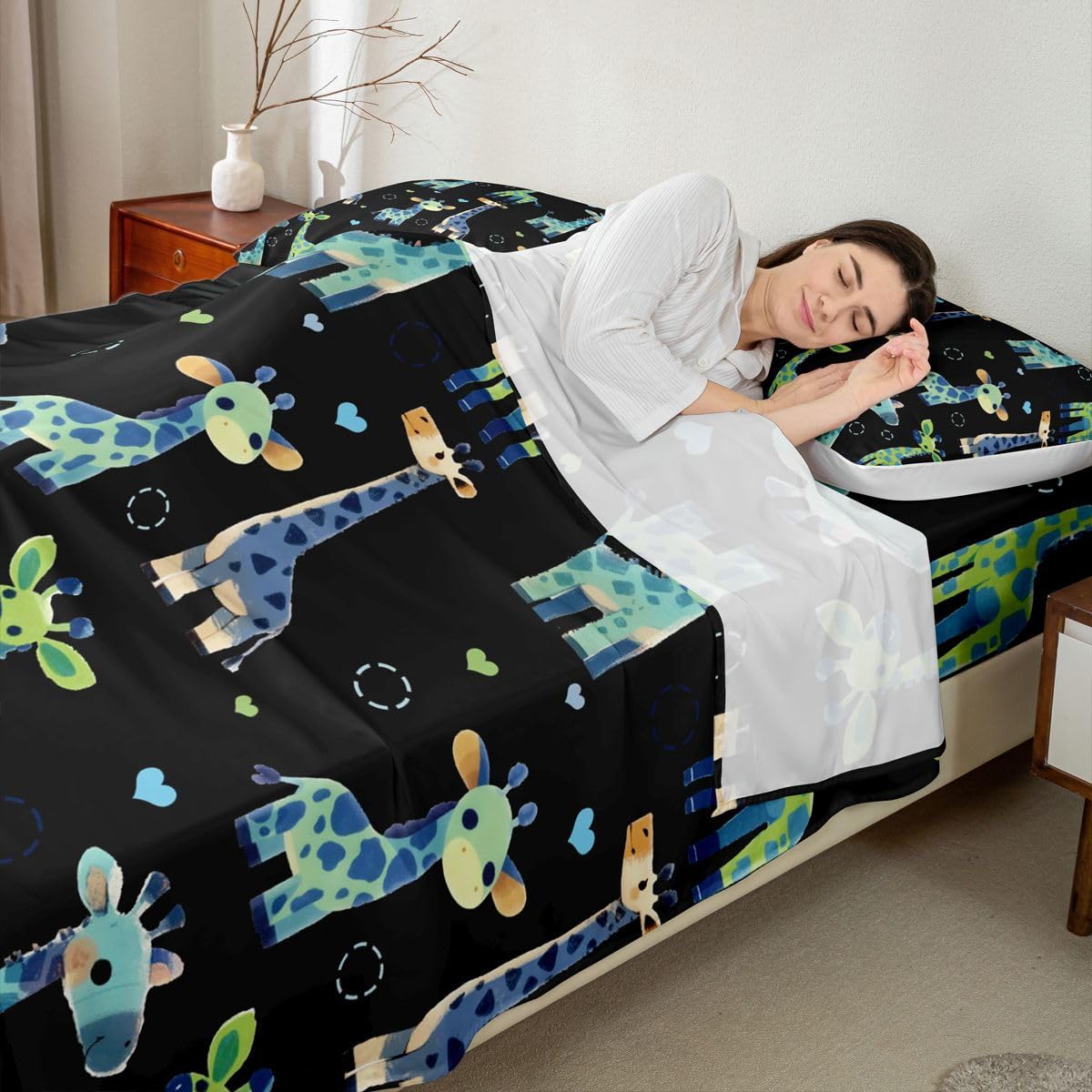Erosebridal Giraffe Bed Sheets Full Black and Green Sheet Set for Kids Boys Girls Cartoon Kawaii Sheets Geometric Circle Wild Animal Flat Fitted Sheet 3 Pcs