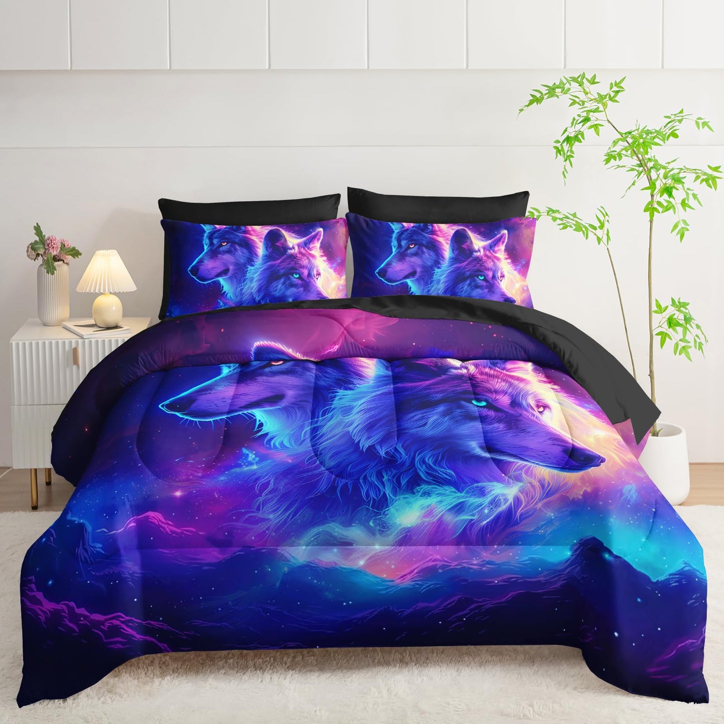 AILONEN Galaxy Wolves Comforter Set - 7Pcs Soft Twin Size Bed in a Bag - Neon Starry Wolf Comforter,Fitted Sheet,Flat Sheet,2 Pillowcases,2 Pillow Shams for Room Decor