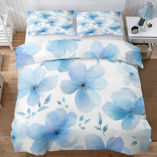Blue Flower Duvet Cover Queen, Watercolor Floral Bedding Set 3 Piece & 2 Pillowcases, Botanical Flowers Bedroom Decor, Reversible Soft Microfiber, Zipper Ties