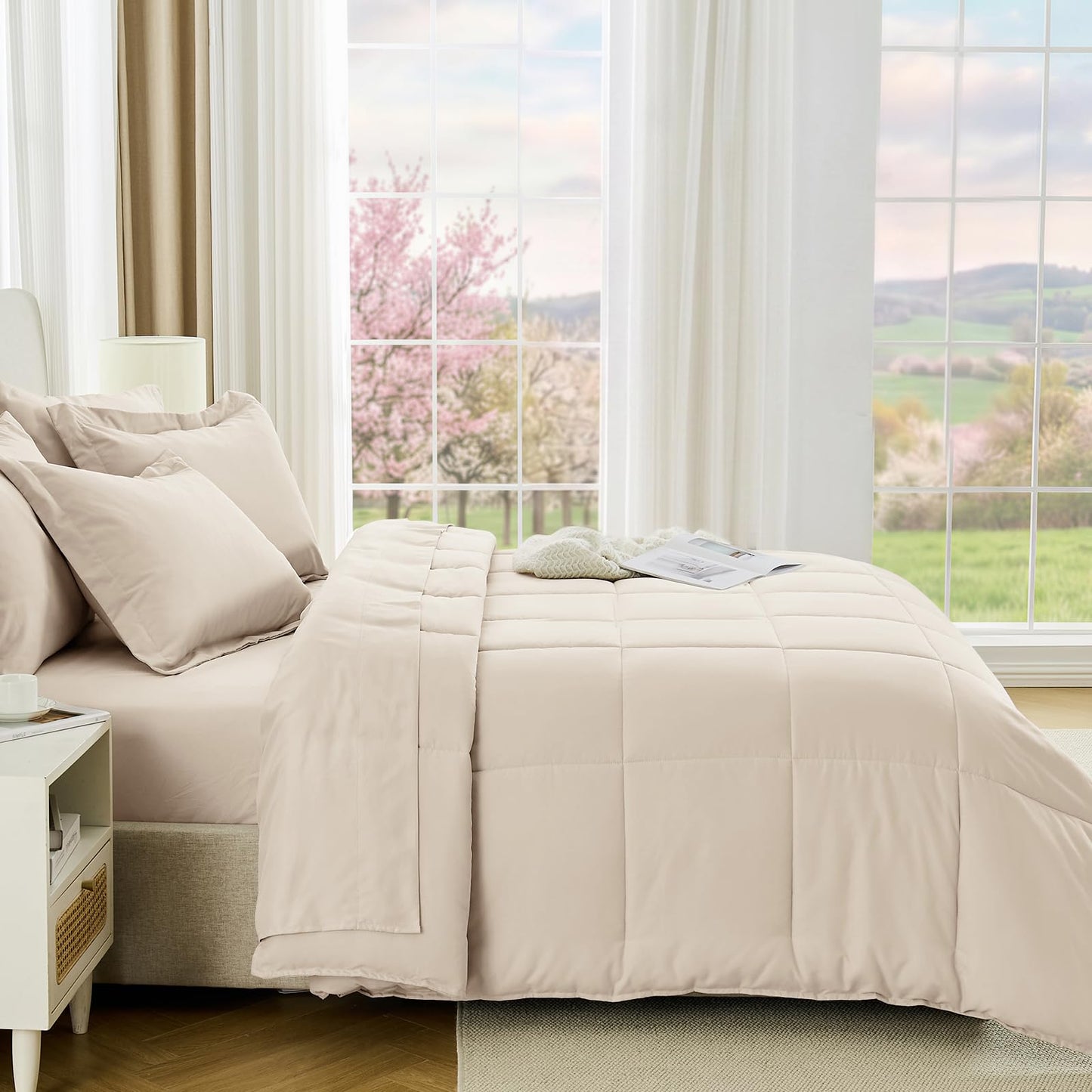 JOLLYVOGUE Queen Comforter Set, Ultra-Soft Bed in a Bag Queen Size 7 Pieces, Oeko-TEX Certified Bedding Set with Down Alternative Comforter, Sheets, Pillowcases & Shams, Beige